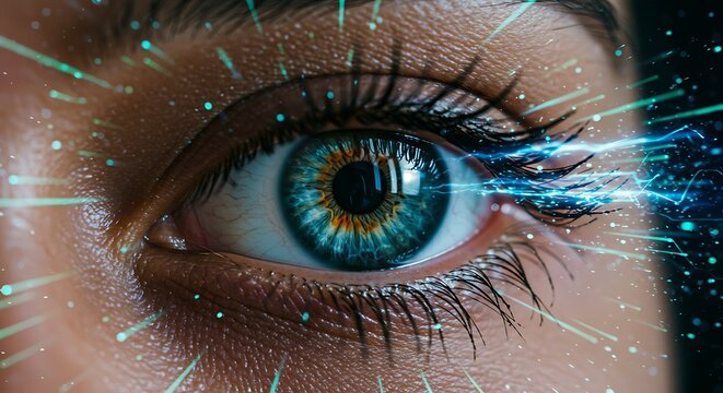 Close up of human eye with digital lines representing vision and data