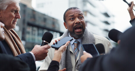 Man, politician and discussion with journalists, city and press with election questions and...