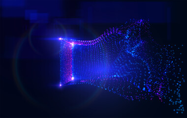 Abstract 3D data array and flowing particles forming a geometric cube on a luminous blue background. Concept of big data visualization, network connection, technology, and future science