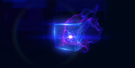 Abstract 3D data array and flowing particles forming a geometric cube on a luminous blue background. Concept of big data visualization, network connection, technology, and future science.