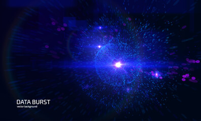 Obraz premium Energetic explosion of data particles and digital information in space. Concept of big data burst, blockchain technology, AI data processing, and network energy. Perfect for tech presentations