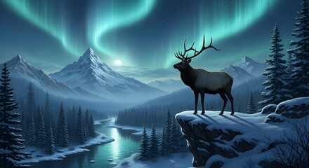 deer in winter,Majestic Elk Silhouette on Snowy Cliff Under Aurora Borealis, Fantasy Digital Painting with Mountain Landscape and Moonlit River, 8K Masterpiece