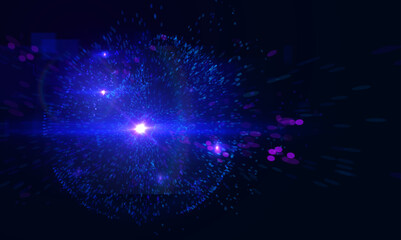Description: Abstract 3D data array and flowing particles forming a geometric cube on a luminous blue background. Concept of big data visualization, network connection, technology, and future science.