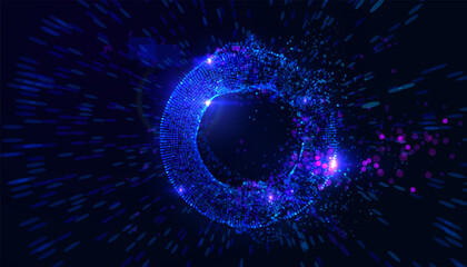 Glowing circular portal frame of shining data particles in space. Abstract concept represents data gateway, blockchain network, AI connection point, futuristic tunnel. Perfect for tech presentations