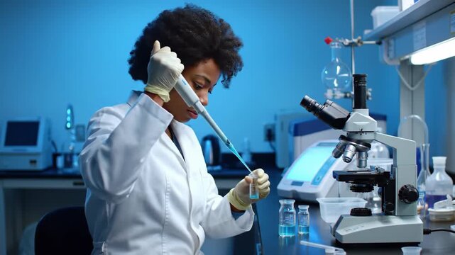 Scientist in lab, applying gloves, microscope visible, working with samples, research purpose