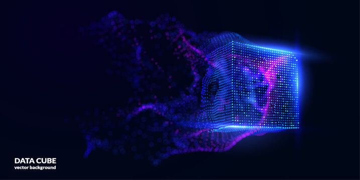 3D data particles forming a geometric shape on a dark blue background. Modern concept of blockchain, data analysis, artificial intelligence, and digital transformation. Great for business dashboards