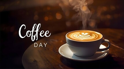 Hot cup of cappuccino with latte art and steam rising on wooden table, coffee day celebration concept perfect for café posters, morning beverage designs, restaurant promotions, and lifestyle photograp