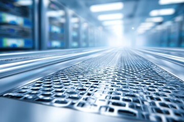 A low angle, abstract view through a floor grate of a modern server room, reflecting the advanced technology and high performance capabilities, suitable for technical presentations.