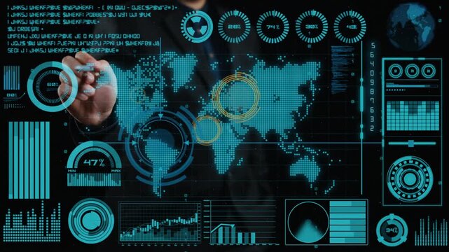 Modern digital interface for business analytics featuring world map, charts, and graphs, ideal for corporate decision-making and strategy development in a data-driven environment. Cipher