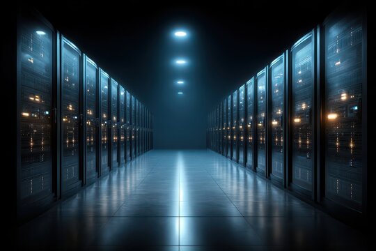 A server room filled with racks of computer servers, creating a digital infrastructure, illuminated by bright lights, representing data storage and processing power for modern networks.