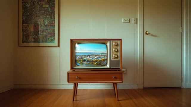 Vintage television set in a retro living room, showing an ocean scene on screen with nostalgic decor