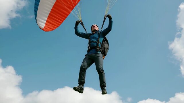 Aerial video captures a paraglider soaring above scenic mountains. Wide-angle shot emphasizes the vast sky and rolling landscape below. Live desktop wallpaper.