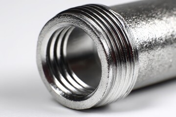 A close-up shot showcases a metal pipe fitting with threading, emphasizing its intricate design, functionality, and industrial aesthetic against a clean white background.