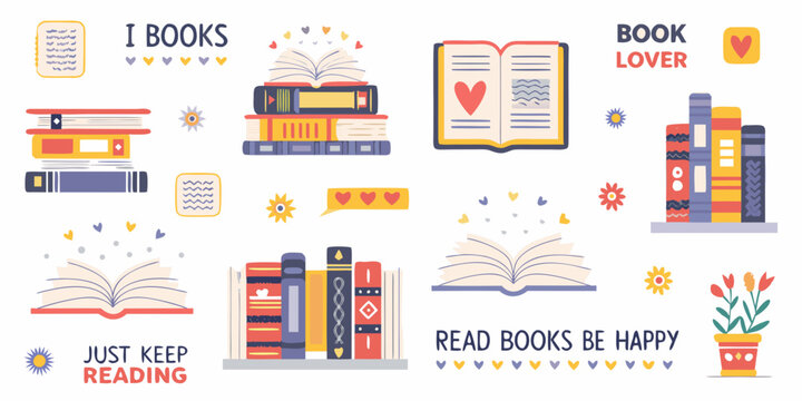 Collection of charming flat illustrations celebrating reading books and the joy of being a book lover with decorative elements