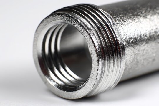A close-up shot showcases a metal pipe fitting with threading, emphasizing its intricate design, functionality, and industrial aesthetic against a clean white background.