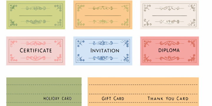 Collection of decorative certificates invitations diplomas gift cards and holiday thank you cards