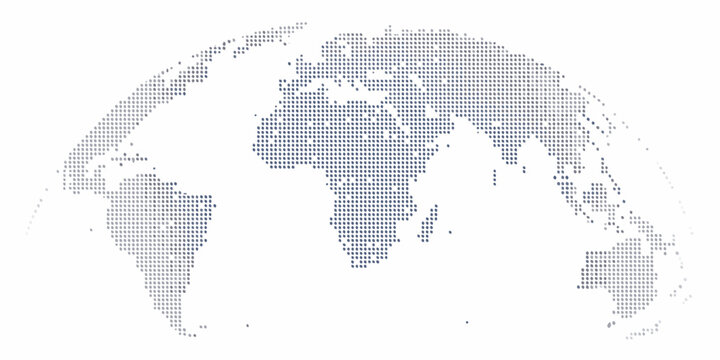 Abstract dotted world map globe representation with fading dots on white background