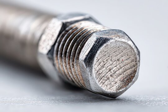 A close-up shot capturing the intricate details of a shiny, used metal bolt, highlighting the precise threads and hexagonal head, set against a smooth grey background.