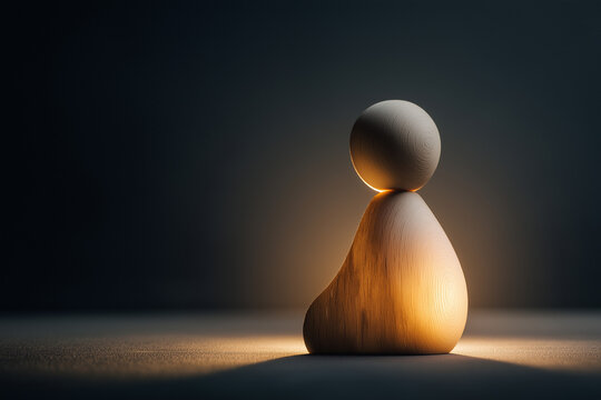 Single wooden doll separated yet gently illuminated, representing self-reflection, hope, and compassion in overcoming loneliness and social exclusion 