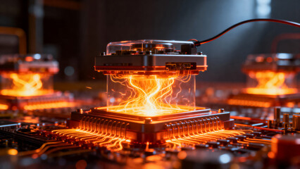 Futuristic microchip with glowing energy circuits representing artificial intelligence and quantum computing technology