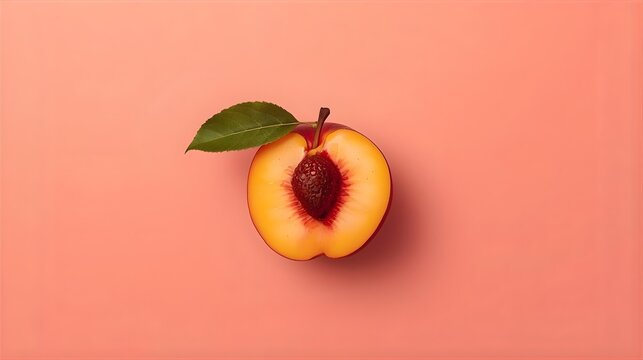 Minimalist photo of fresh ripe organic peach with green leaf on pink background, healthy fruit concept ideal for diet design, wellness branding, natural food packaging, and summer freshness themes