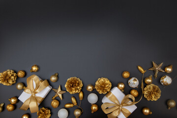 Merry Christmas and Happy New Year greeting card, frame, and banner. Holidays design. Noel and Feliz Navidad. Gifts and decorations, top view, flat lay. Text space, copy space winter background.