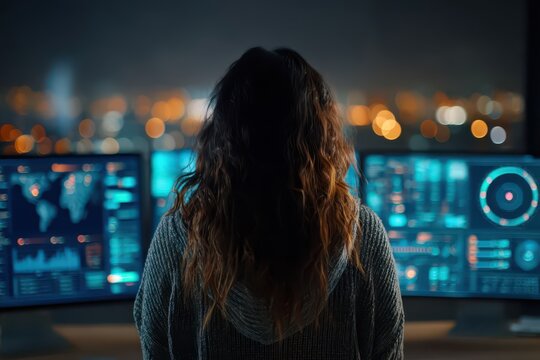 A woman with long hair stares at multiple computer screens with data, in the dark office, lit by glowing city lights and displays with charts and graphs.
