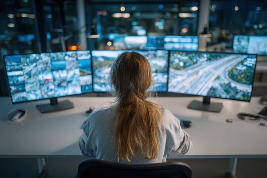 Back view of a woman at a desk with multiple computer monitors, watching surveillance footage, security system, modern office workplace, working late.