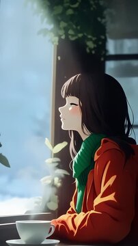 Anime girl with appreciating the outdoors beside a growing plant and coffee inside a cafe, basking in blue-toned soft light through the window in winter.