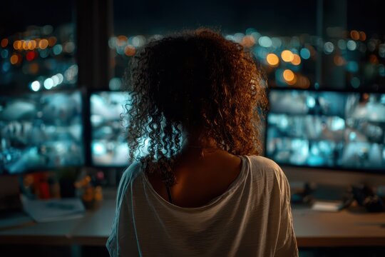 A young woman overseeing security surveillance footage at night, ensuring safety and monitoring activity with multiple screens and city lights in the background.