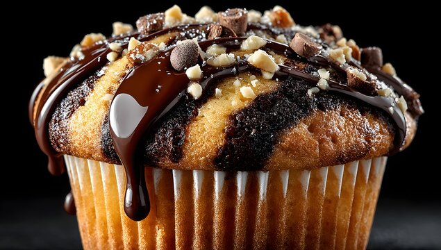 Delicious chocolate chip muffin, rich chocolate drizzle, chopped nuts, sweet bakery treat, indulgence, dessert, snack, dark background, cozy, food photography, celebration, festive.