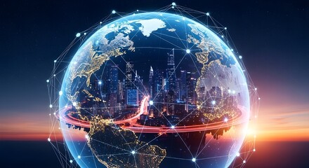 Glowing digital earth with interconnected global network of lights and data streams at sunset