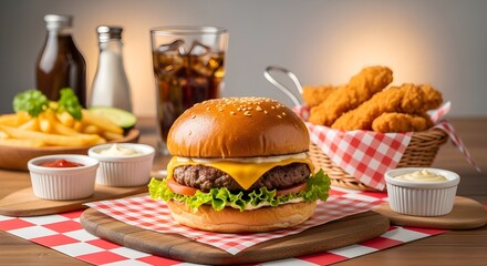 Burger with Crispy Chicken Tenders on Wooden Table, Red and White Checkered Cloth, Warm Lighting Food Photography