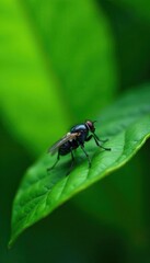 Black fly resting on green foliage, sharp focus, wildlife, spring