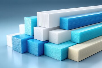 Obraz premium A geometric arrangement of textured bars in shades of white and blue, creating a modern, minimalist design on a light blue background with a subtle reflective surface.