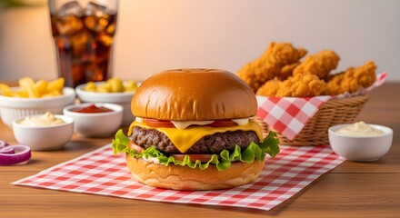 Burger with Crispy Chicken Tenders on Wooden Table, Red and White Checkered Cloth, Warm Lighting Food Photography