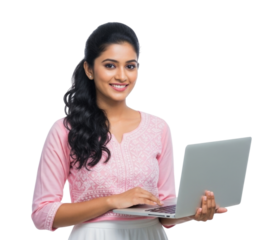 Young indian woman with laptop transparent background cutout png