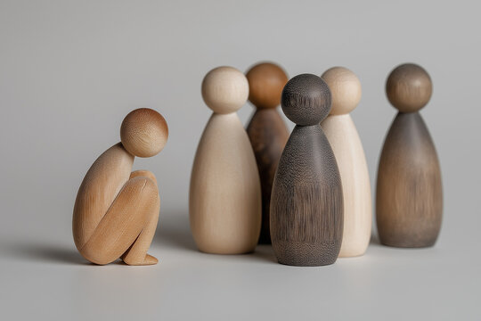 Social exclusion concept showing wooden figures together leaving one alone in corner, representing bullying, anxiety, and mental distress 
