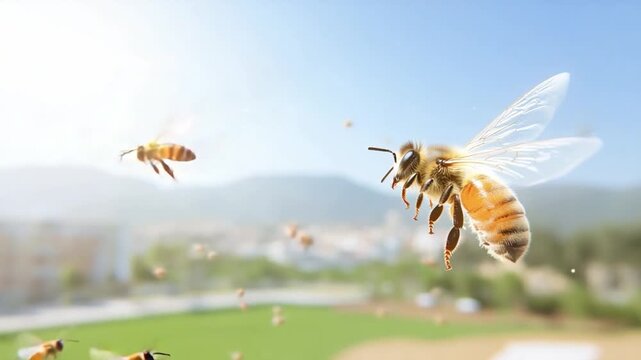 Buzzing Flight: A mesmerizing shot of bees soaring through the sunny sky, showcasing their delicate wings and intricate patterns.