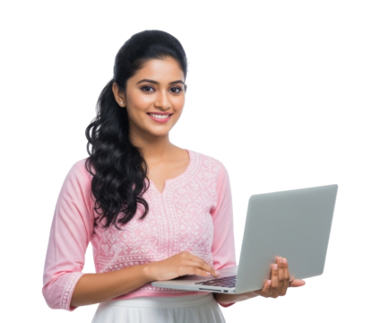 Young indian woman with laptop transparent background cutout png