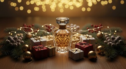Elegant perfume bottles with holiday lights, gold decor, luxury celebration concept, festive glamour, shiny warm background.
