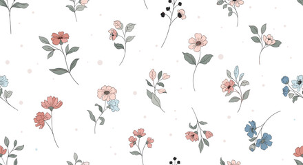 A delightful seamless pattern featuring delicate hand-drawn flowers and tiny dots in soft pastel hues, perfect for various design projects.