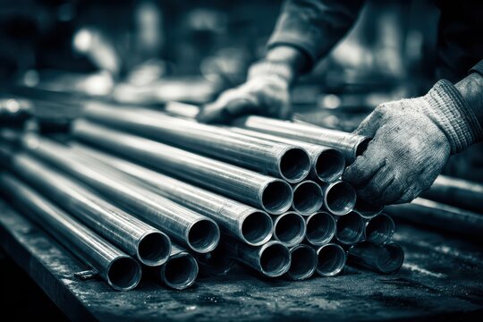 A close-up of gloved worker's hands handling metal pipes in industrial setting, highlighting manufacturing and precision in a monochromatic color scheme, cold hues.
