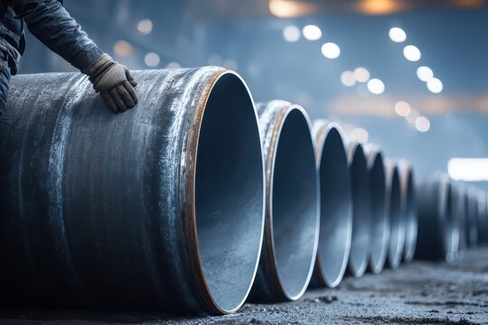A man inspecting a row of large, industrial metal pipes in a factory setting, focusing on quality control and manufacturing processes with blurred background.