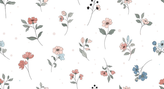 A delightful seamless pattern featuring delicate hand-drawn flowers and tiny dots in soft pastel hues, perfect for various design projects.