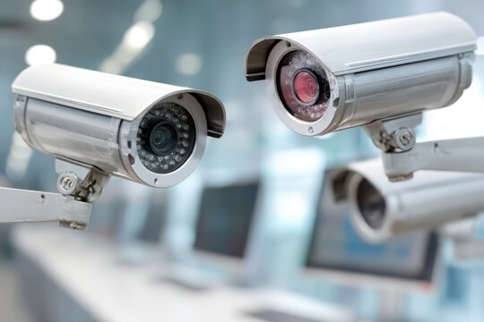 A focused view of security cameras, showcasing surveillance technology and its application, highlighting safety and security measures in modern environments, a necessary precaution.