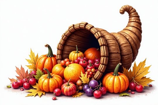 Elegant watercolor cornucopia overflowing with autumn bounty, graphics, brown, apples