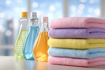 Stack of pastel colored towels with three transparent bottles of liquid soap, creating an inviting and soothing bathroom atmosphere, clean background, spa setting.