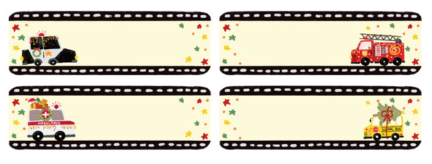 set cute blank empty christmas xmas kids name sticker label tag with community transportation traffic cars vehicle design for gift party crayon doodle watercolor illustration clipart