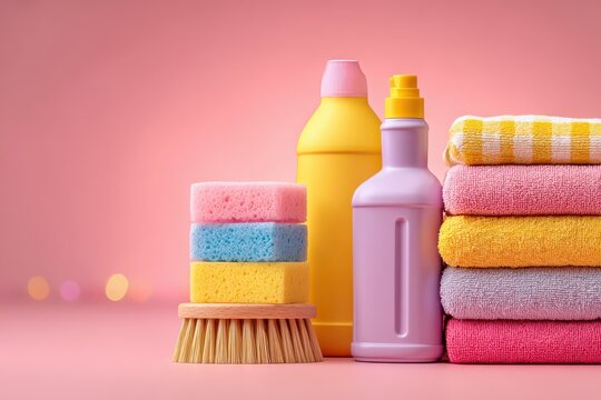 A vibrant and organized display of household cleaning supplies and colorful towels, set against a soft pink background, creating a clean and cheerful composition.